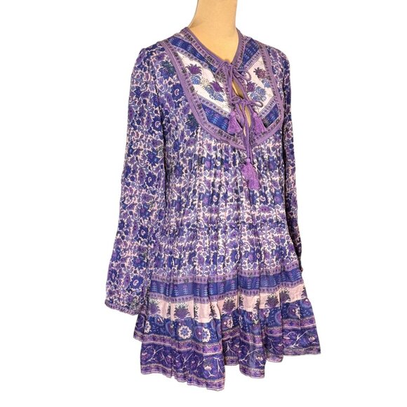 Blue Boheme Tiered Floral Dress Sz.S Purple Tassels Peasant Boho Festival - Picture 14 of 15